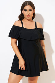 Solid Black Adjustable Straps Women Swimdress
