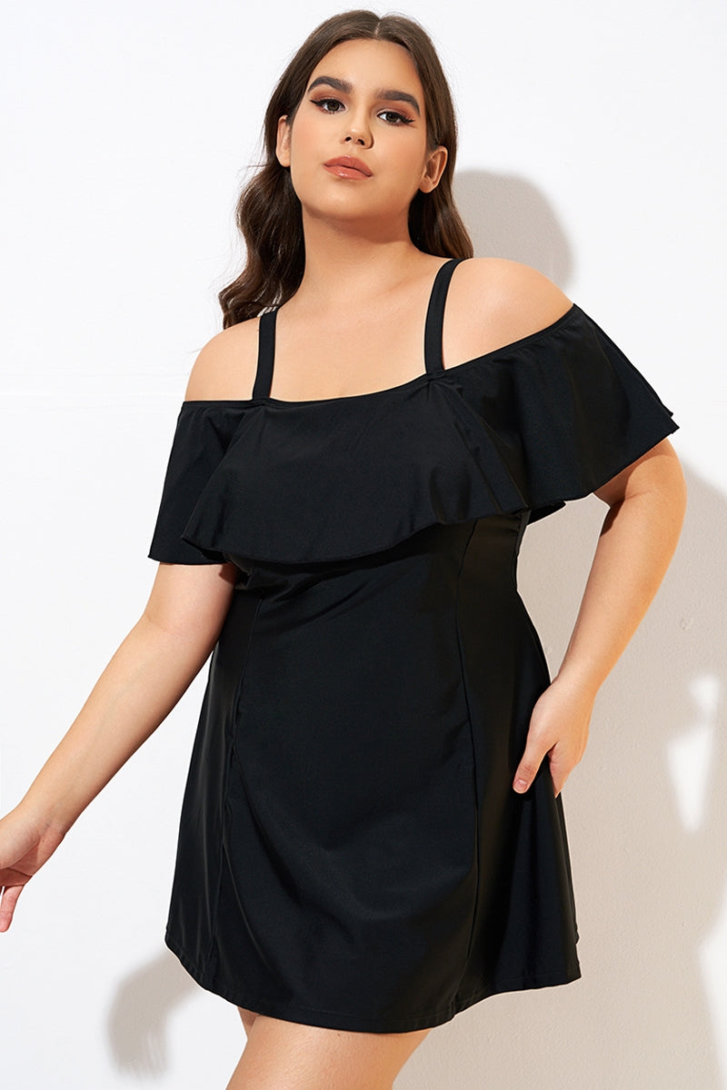 Solid Black Adjustable Straps Women Swimdress