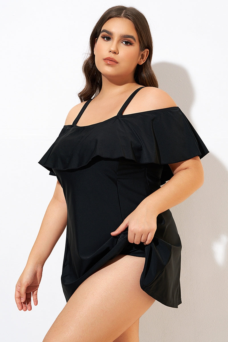 Solid Black Adjustable Straps Women Swimdress