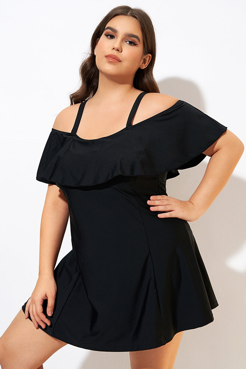 Solid Black Adjustable Straps Women Swimdress